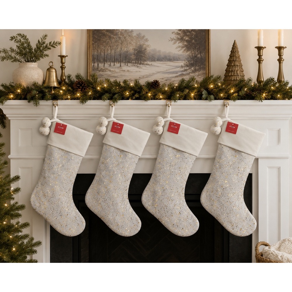 Set of 4 At Home Christmas Stockings White Gold Metallic Speckle Pom Pom NWT
